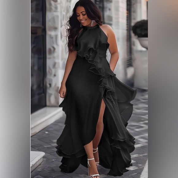 Xpluswear Dresses & Skirts - NWT  Xpluswear Design Plus Size Black Halter
Collar Split Ruffle Maxi Dresses